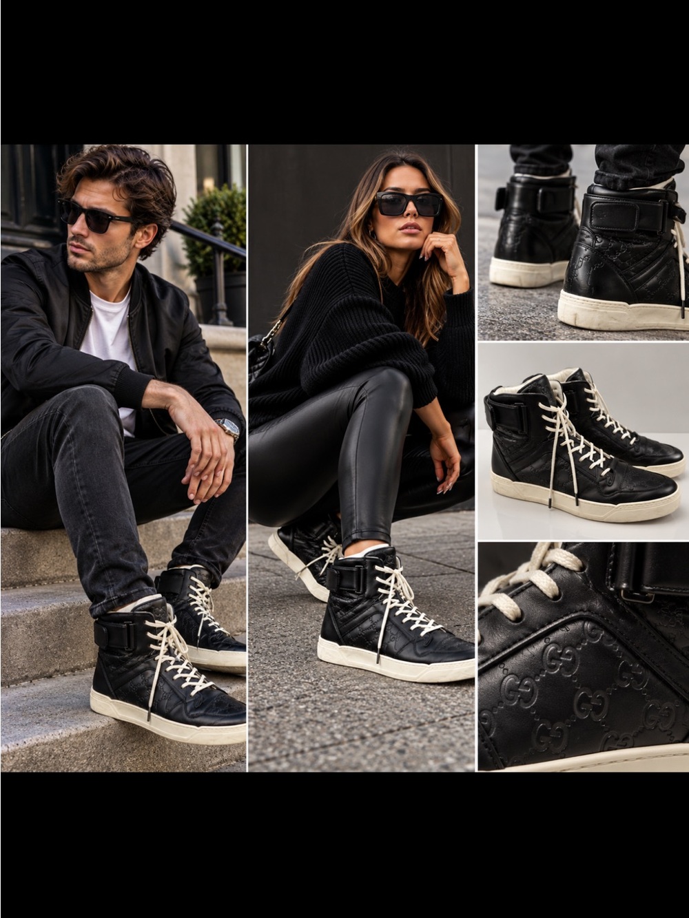 Gucci Black High-Top Quilted Leather Sneakers with Cream Soles